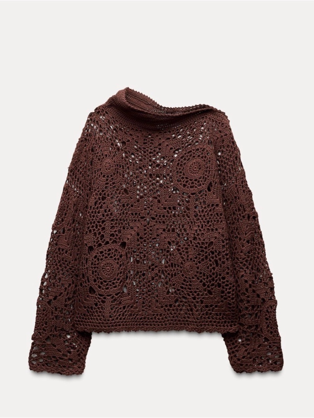 Zara Crochet Turtleneck Sweater in Dark Brown